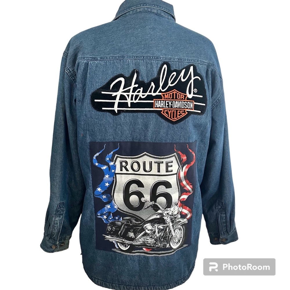 Vintage Men’s Wolverine brand denim button down shirt size L Route 66 Harley D.